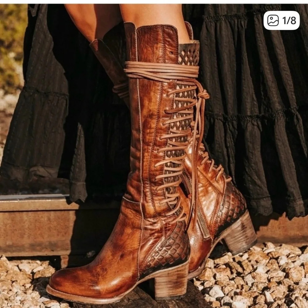 Freebird Steven Carver Tan Lace Up Leather Knee High Boots Coachella Festival 6 - Picture 1 of 9